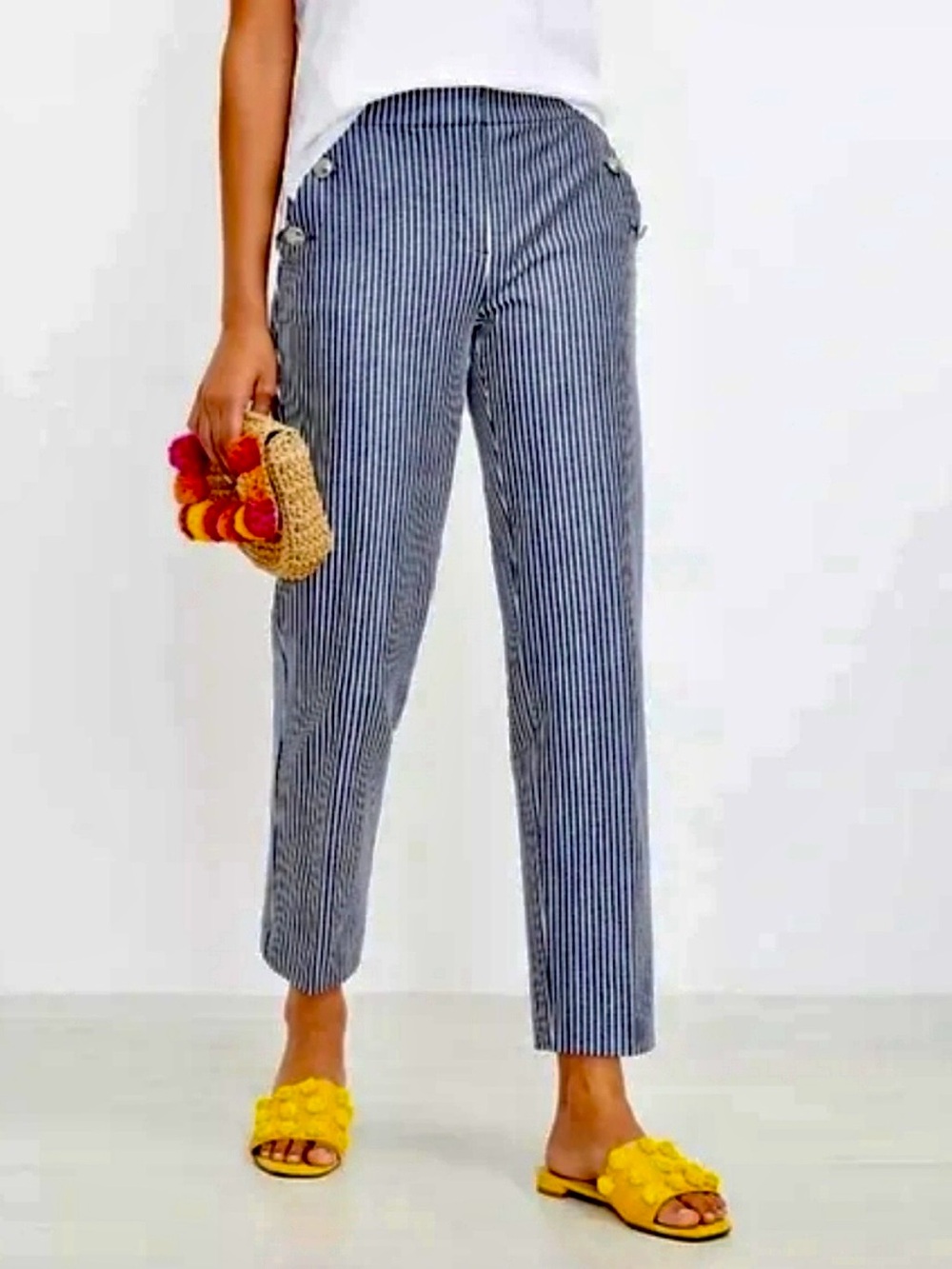 NWT LOFT Riviera Slim Navy & White Striped Cropped Sailor Pants, Silver Buttons